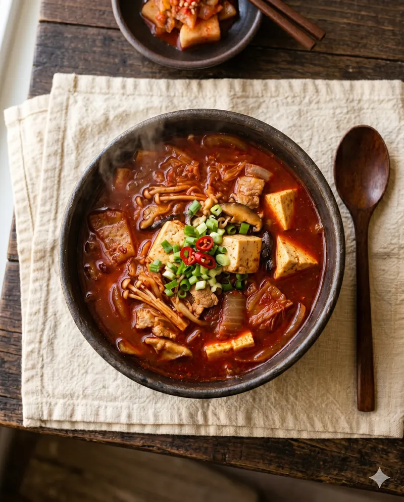 Guiso coreano con tofu, hongos y caldo rojo profundo de gochugaru integrado
