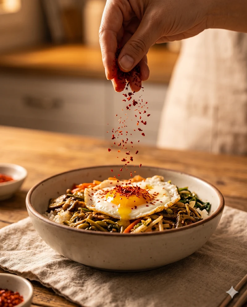 Mano espolvoreando gochugaru rojo vibrante sobre un bibimbap casero con huevo y vegetales